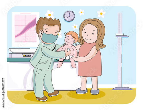 Mother looks at baby listening with a stethoscope in doctor's office	