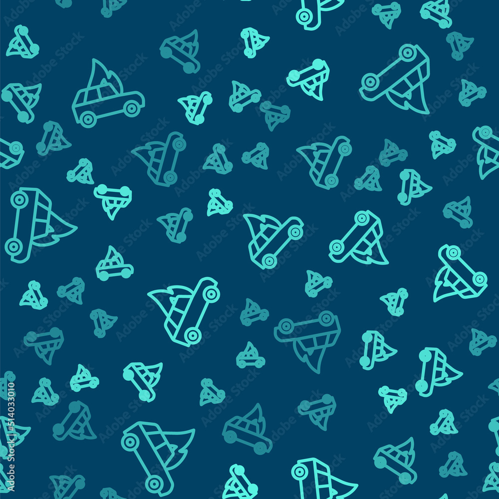 Green line Burning car icon isolated seamless pattern on blue background. Car on fire. Broken auto covered with fire and smoke. Vector Green line Burning car icon isolated seamless pattern on blue background. Car on fire. Broken auto covered with fire and smoke. Vector