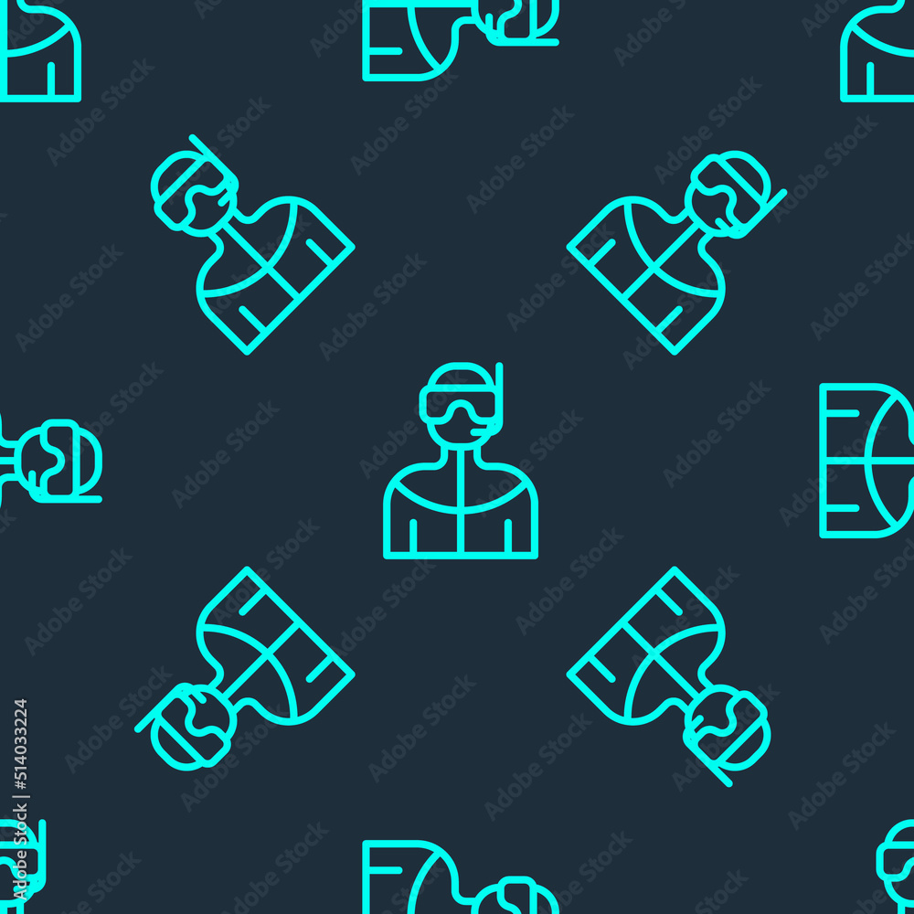 Green line Wetsuit for scuba diving icon isolated seamless pattern on blue background. Diving underwater equipment. Vector Green line Wetsuit for scuba diving icon isolated seamless pattern on blue background. Diving underwater equipment. Vector