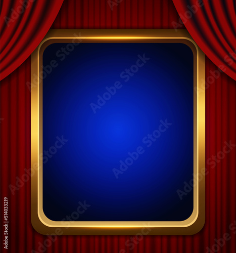 Vector illustration of square golden frame on dark blue background with red curtain