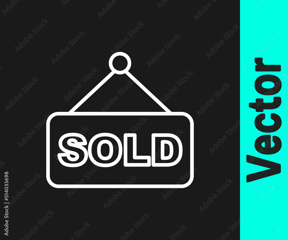 White line Hanging sign with text Sold icon isolated on black background. Auction sold. Sold signboard. Bidding concept. Auction competition. Vector White line Hanging sign with text Sold icon isolated on black background. Auction sold. Sold signboard. Bidding concept. Auction competition. Vector