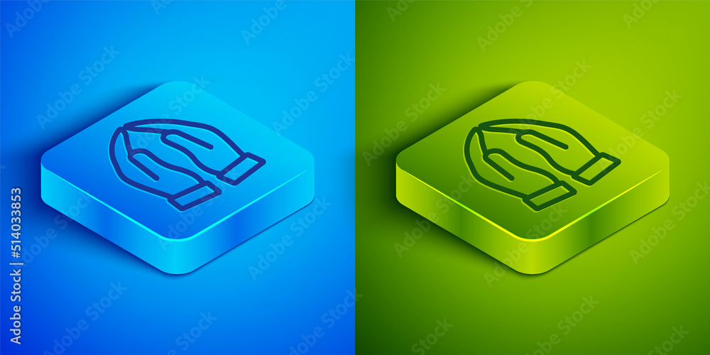 Isometric line Hands in praying position icon isolated on blue and green background. Prayer to god with faith and hope. Square button. Vector Isometric line Hands in praying position icon isolated on blue and green background. Prayer to god with faith and hope. Square button. Vector