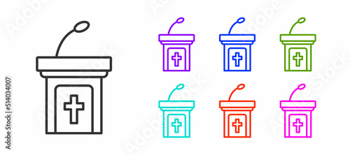 Black line Church sermon tribune icon isolated on white background. The podium of the preacher in the church. Set icons colorful. Vector
