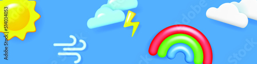 Horizontal banner with realistic 3d objects. Weather and nature icons
