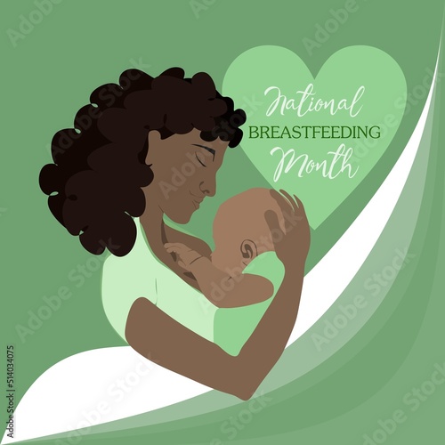 Young african american woman breastfeeding her newborn baby holding and nursing him in hands. Lactation concept. Breast feeding week or month clip art. Child drinks milk from the female breast.