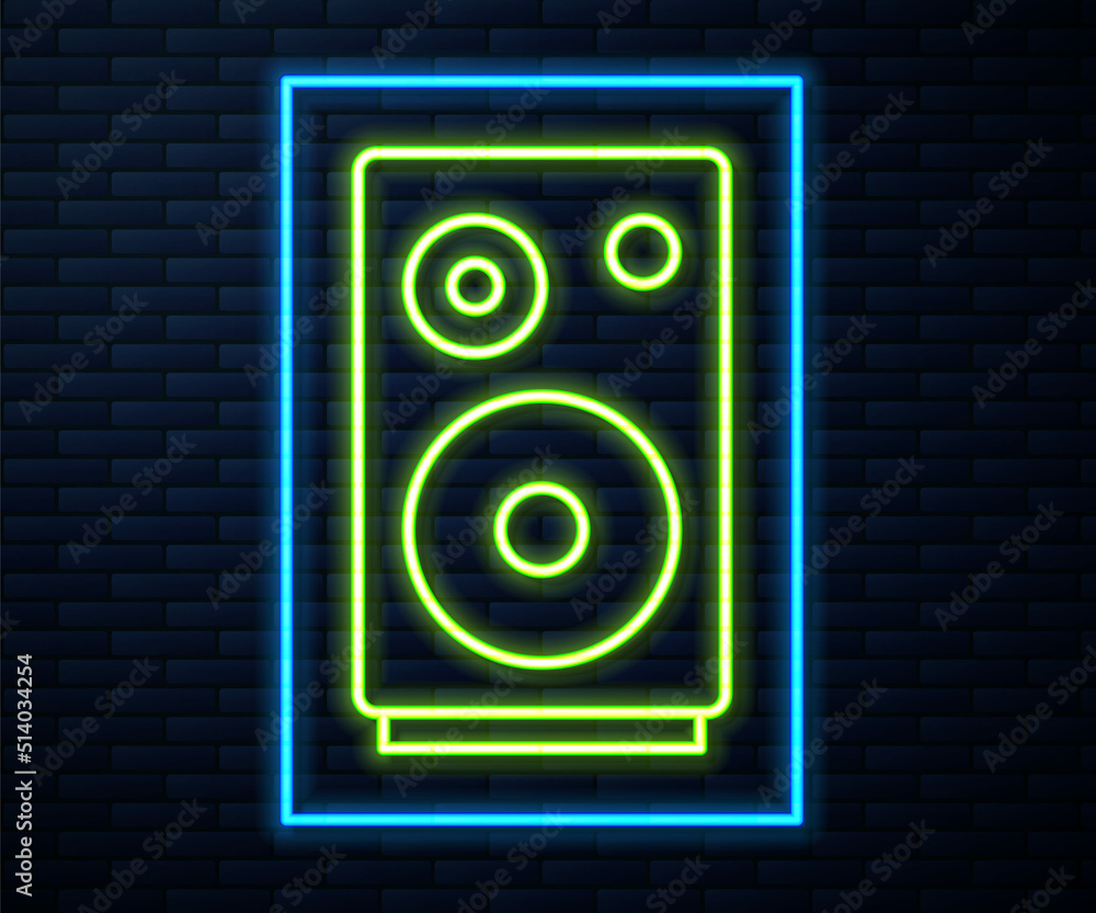 Glowing neon line Stereo speaker icon isolated on brick wall background. Sound system speakers. Music icon. Musical column speaker bass equipment. Vector Glowing neon line Stereo speaker icon isolated on brick wall background. Sound system speakers. Music icon. Musical column speaker bass equipment. Vector