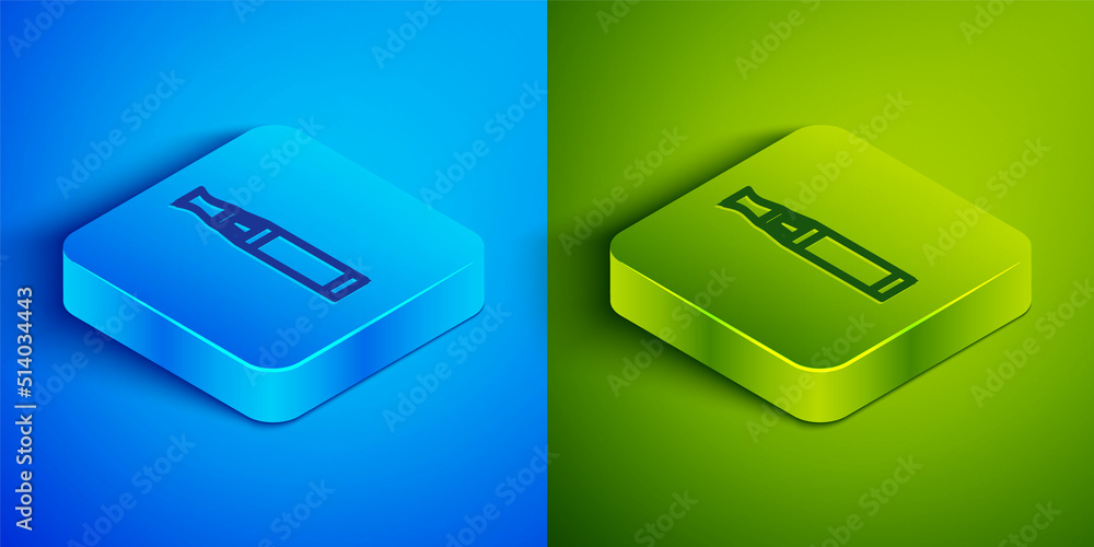 Isometric line Electronic cigarette icon isolated on blue and green background. Vape smoking tool. Vaporizer Device. Square button. Vector Isometric line Electronic cigarette icon isolated on blue and green background. Vape smoking tool. Vaporizer Device. Square button. Vector