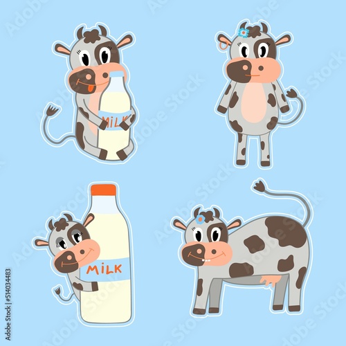 A set of stickers with a cute cow. Cartoon flat vector illustration. Milk day. Design or sticker