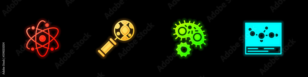 Set Atom, DNA research, search, Virus and Chemical formula icon. Vector Set Atom, DNA research, search, Virus and Chemical formula icon. Vector