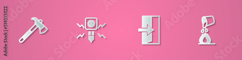 Set paper cut Firefighter axe, Electricity spark, exit and Bucket extinguishing fire icon. Paper art style. Vector