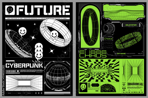Collection of modern abstract posters. In acid style, highlighted on a black background. Acid graphic style. Abstract rude poster or leaflet design template or print for clothing hoodies. Vector
