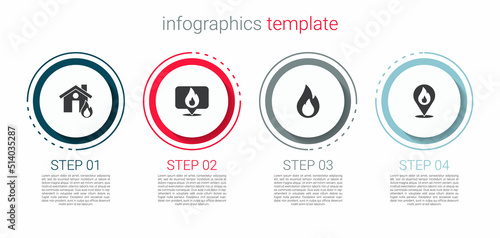 Set Fire in burning house, Location with fire flame, and . Business infographic template. Vector