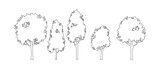 Conjunto de árboles dibujados a mano para diseños arquitectónicos, decoraciones en secciones y paisajismo. Diseño de árbol tipo boceto de silueta en blanco y negro.