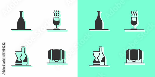 Set Wooden barrel for wine, Bottle of, and Wine tasting, degustation icon. Vector