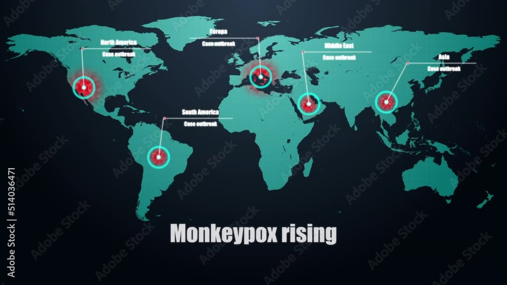Animation of monkeypox text and world map over black background Animation of monkeypox text and world map over black background