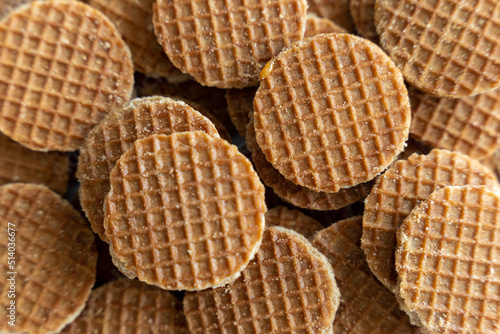 View from above of many Dutch syrup waffle cookies stroopwafels)
