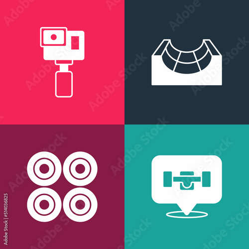 Set pop art Skateboard wheel, , park and Action camera icon. Vector