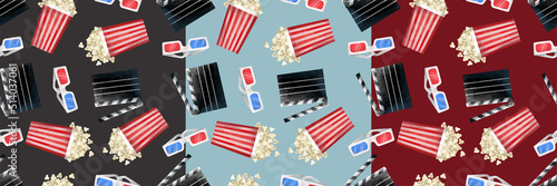 Set of hand drawn seamless patterns with cinema elements. Colorful texture with 3d glasses, clapperboard and popcorn buckets. Can be used for thematic wallpapers, package and surface design