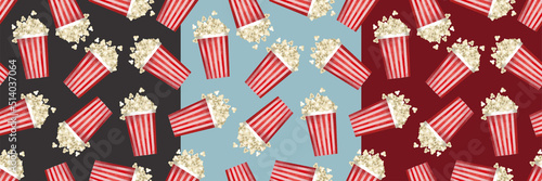 Set of hand drawn seamless patterns with cinema elements. Colorful texture with popcorn buckets on different backgrounds. Can be used for thematic wallpapers, package and surface design