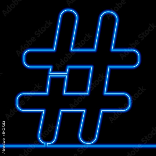 Continuous line drawing Hashtag symbol icon neon glow vector illustration concept