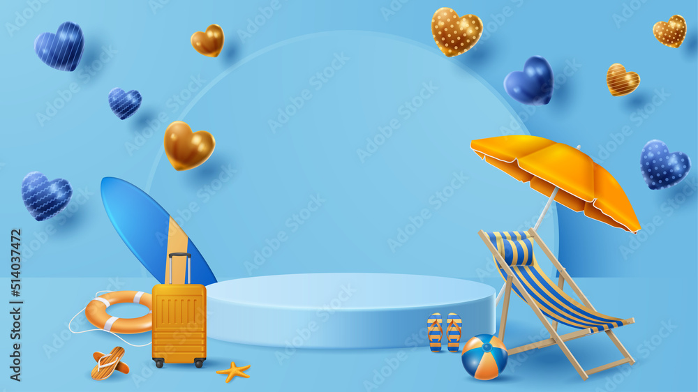 Summer display podium decoration background with beach ornament. Vector 3D Illustration