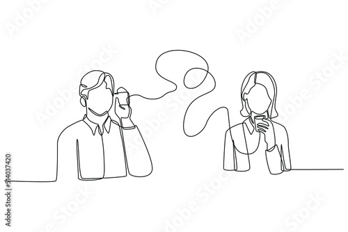 Continuous one line drawing business man and woman communicate with old technologies. Communication and Project management concept. Single line draw design vector graphic illustration.