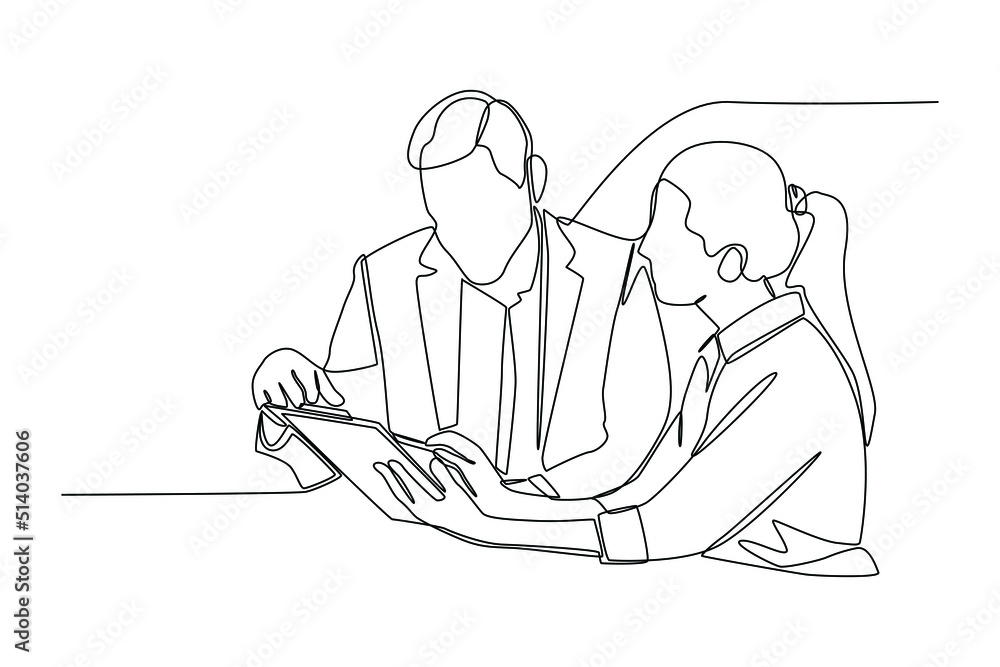 Continuous one line drawing. Male CEO giving consultation to female about project. Communication and Project management concept. Single line draw design vector graphic illustration.