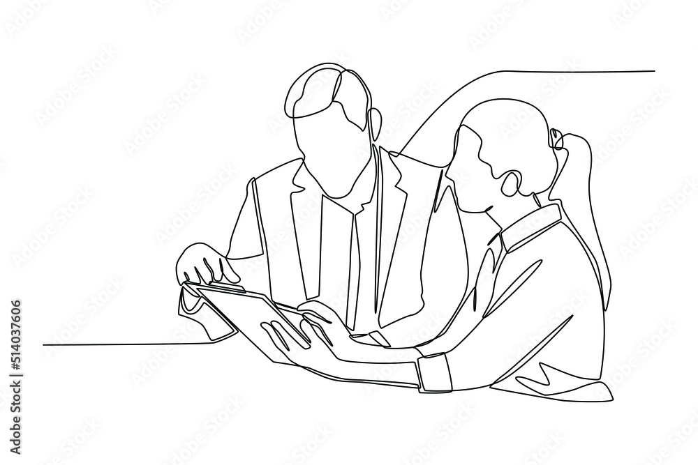 Continuous one line drawing. Male CEO giving consultation to female about project. Communication and Project management concept. Single line draw design vector graphic illustration. Continuous one line drawing. Male CEO giving consultation to female about project. Communication and Project management concept. Single line draw design vector graphic illustration.