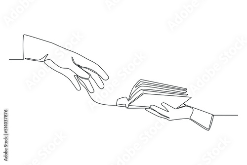 Single one line drawing Hand Giving Book. Sharing knowledge concept. Continuous line draw design graphic vector illustration.