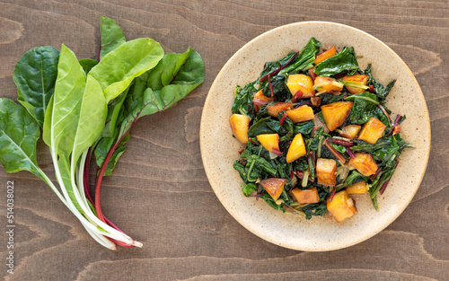 Potatoes with swiss chard leaves. Croatian Blitva cooked dish. photo