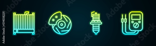 Set line Car radiator cooling system, brake disk with caliper, spark plug and Multimeter. Glowing neon icon. Vector