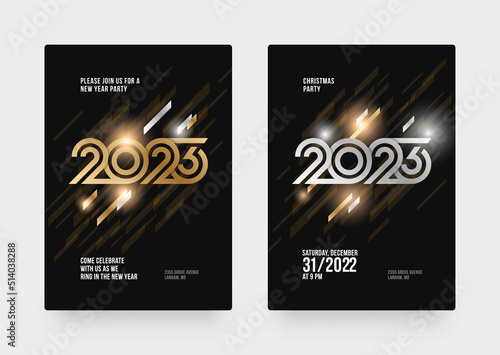 Vector illustration with gold color 2023 sign for flyer template, greeting card, poster, banner or social media. Logo for Happy New Year and Merry Christmas.