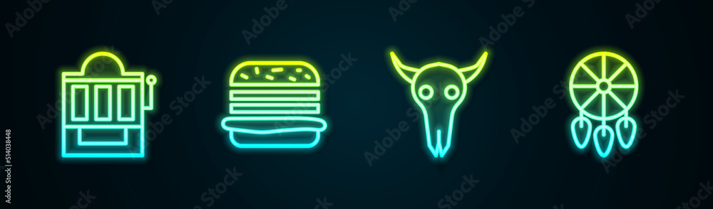 Set line Slot machine, Burger, Buffalo skull and Dream catcher with feathers. Glowing neon icon. Vector Set line Slot machine, Burger, Buffalo skull and Dream catcher with feathers. Glowing neon icon. Vector