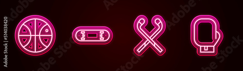 Set line Basketball ball, Skateboard trick, Ice hockey sticks and Boxing glove. Glowing neon icon. Vector