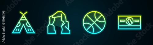 Set line Indian teepee or wigwam, Grand canyon, Basketball ball and Stacks paper money cash. Glowing neon icon. Vector