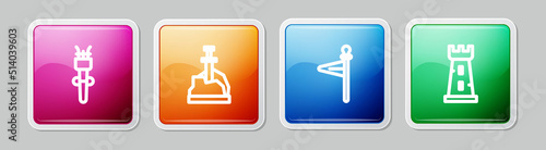 Set line Torch flame, Sword in the stone, Medieval flag and Castle tower. Colorful square button. Vector