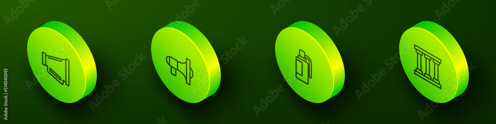 Set Isometric line Megaphone, , Hand grenade and Prison window icon. Vector Set Isometric line Megaphone, , Hand grenade and Prison window icon. Vector