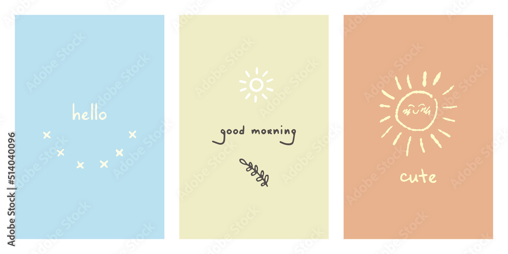 Simple and minimalistic set with everyday phrases on different backgrounds. Cute children's doodles for covers, wrappers, textiles and fabric, children, interior, posters Simple and minimalistic set with everyday phrases on different backgrounds. Cute children's doodles for covers, wrappers, textiles and fabric, children, interior, posters