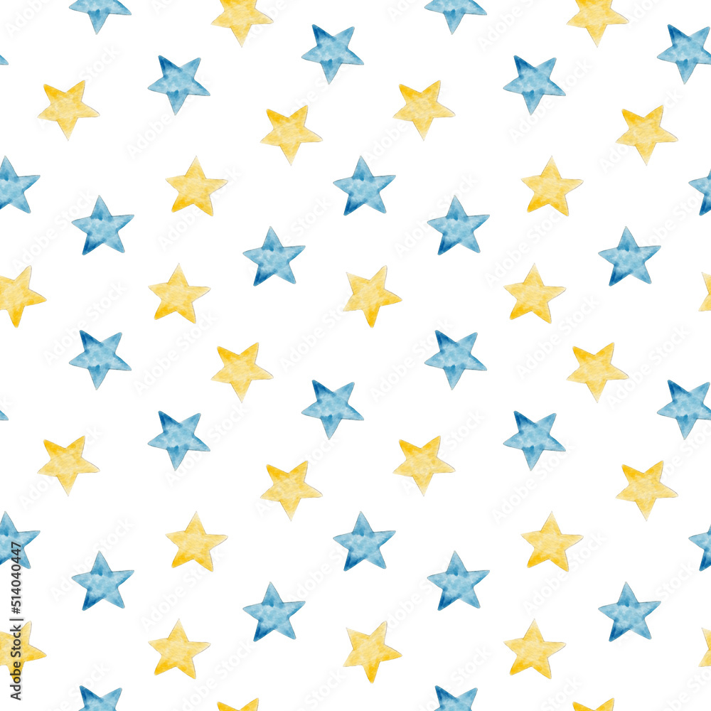 Watercolor stars seamless pattern. Blue and yellow stars kids wallpaper design. Starred sky Watercolor stars seamless pattern. Blue and yellow stars kids wallpaper design. Starred sky