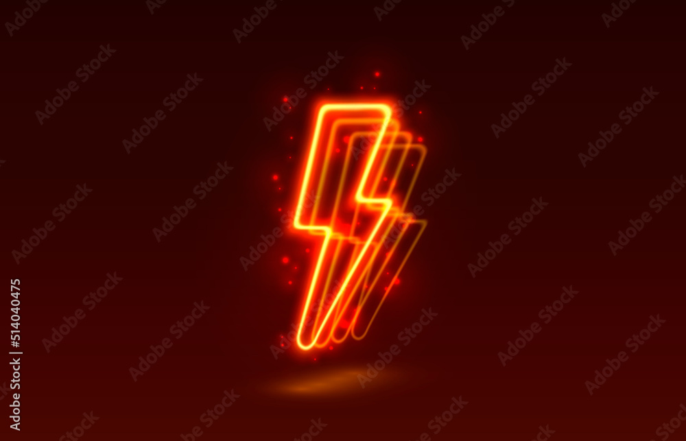 Neon sign of lightning signboard on the red background. Vector Neon sign of lightning signboard on the red background. Vector