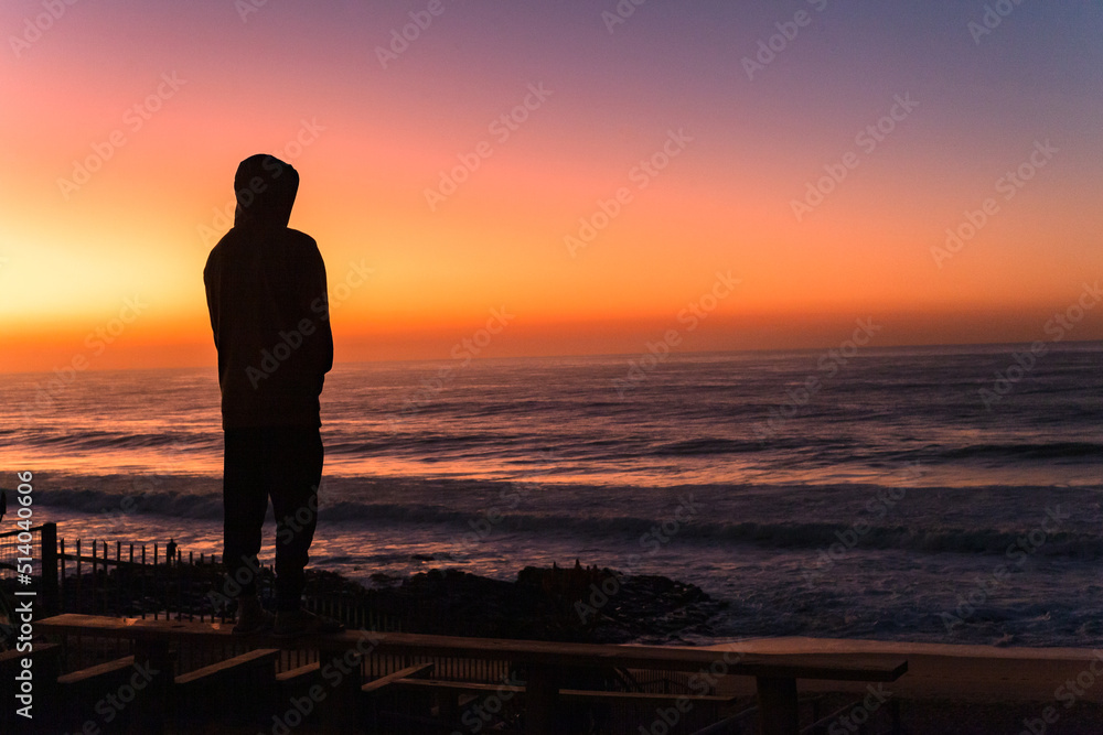 Beach Man Silhouetted Ocean Morning Sky Colors