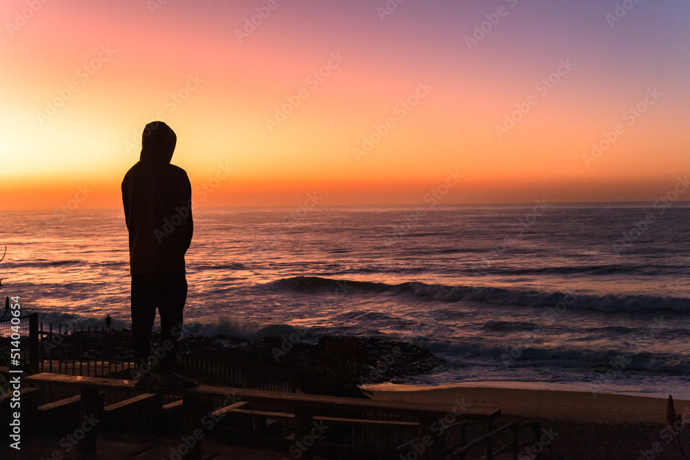 Beach Man Silhouetted Ocean Morning Sky Colors