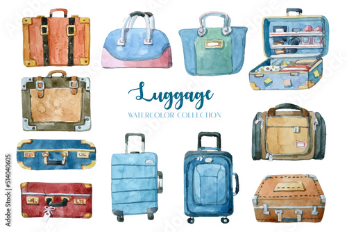 Watercolor painting of luggage collection.