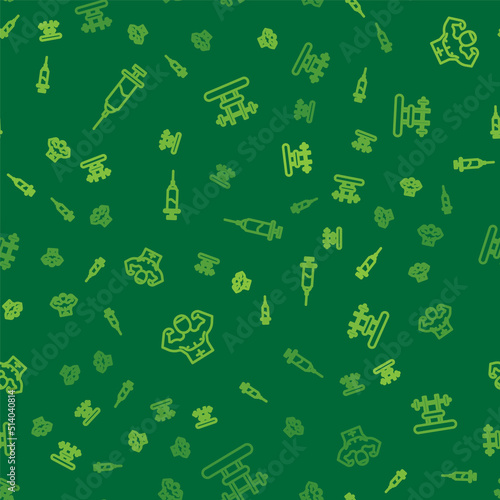 Set line Doping syringe, Bodybuilder muscle and Bench with barbel on seamless pattern. Vector