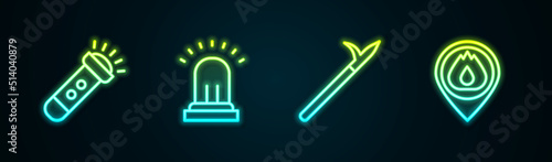 Set line Flashlight, Ringing alarm bell, Metal pike pole and Location with fire flame. Glowing neon icon. Vector