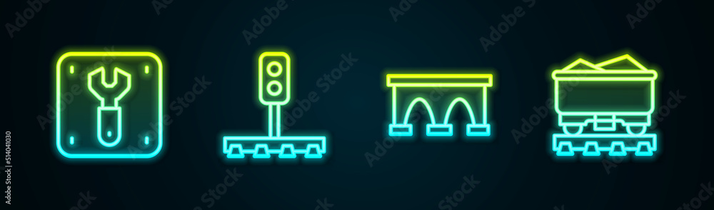 Set line Repair of railway, Train traffic light, Bridge for train and Coal wagon. Glowing neon icon. Vector Set line Repair of railway, Train traffic light, Bridge for train and Coal wagon. Glowing neon icon. Vector