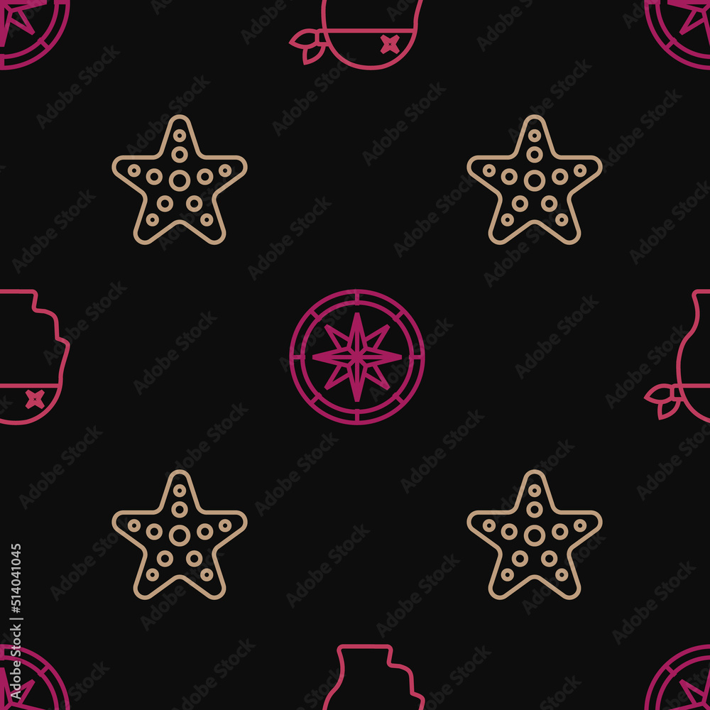 Set line Pirate captain, Starfish and Compass on seamless pattern. Vector Set line Pirate captain, Starfish and Compass on seamless pattern. Vector