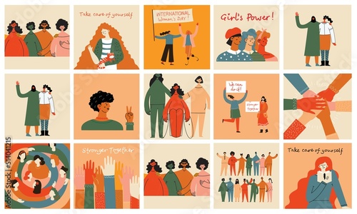 Women friendship group. Diverse female team standing together, holding hands, girls power, multinational sisterhood community vector illustration. Friendship group females, people diversity