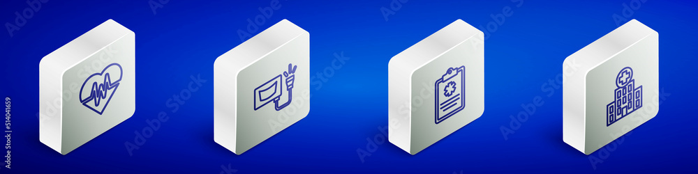 Set Isometric line Heart rate, Ultrasound, Clinical record and Medical hospital building icon. Vector Set Isometric line Heart rate, Ultrasound, Clinical record and Medical hospital building icon. Vector