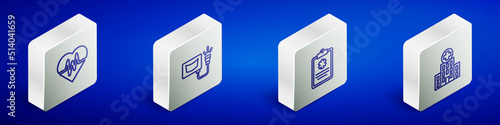 Set Isometric line Heart rate, Ultrasound, Clinical record and Medical hospital building icon. Vector